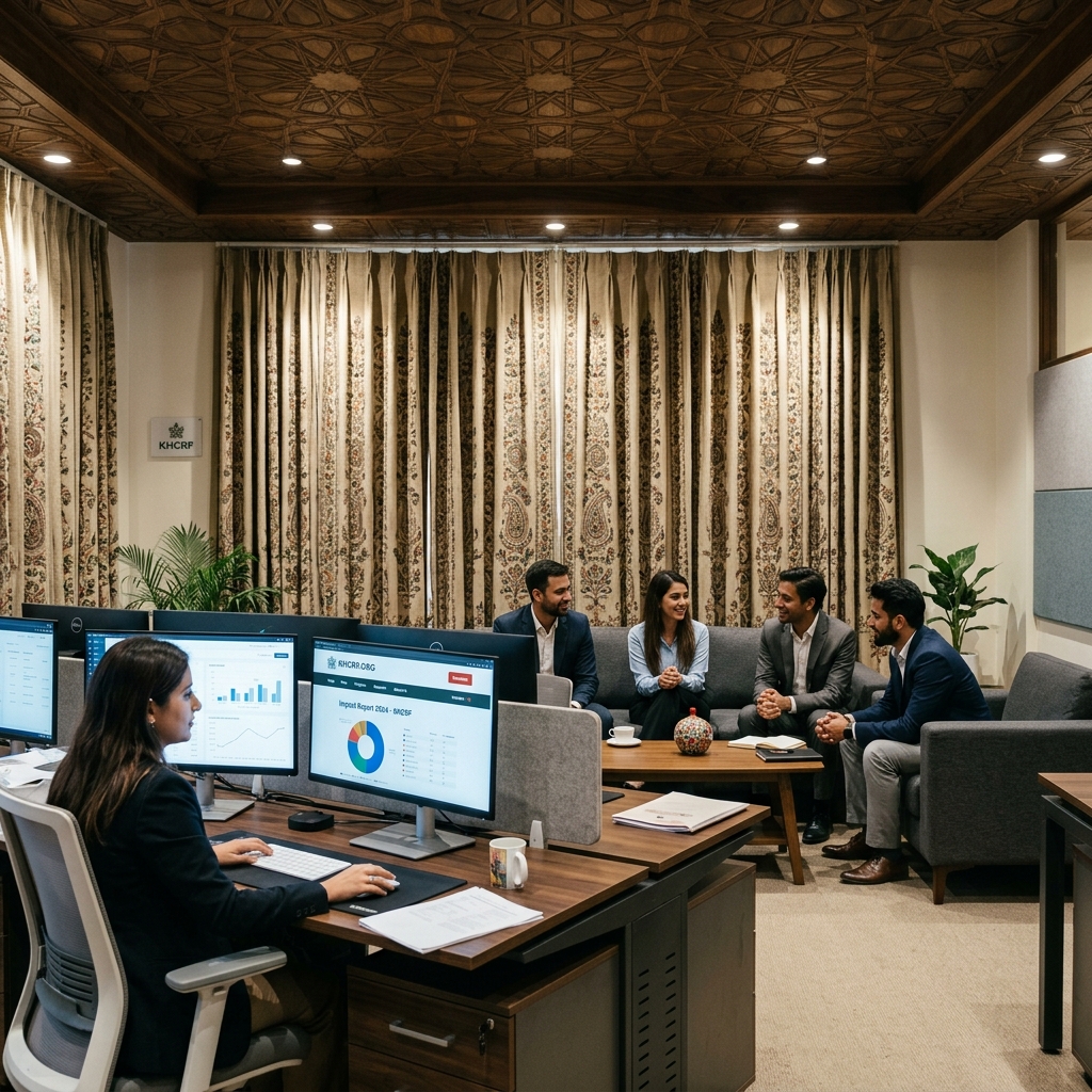Modern Kashmir Office with Closed Curtains, Team on Sofa, and KHCRF Dashboards